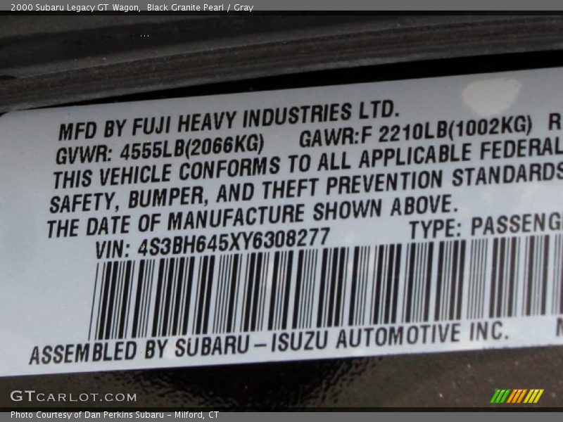 Info Tag of 2000 Legacy GT Wagon