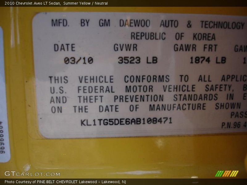 Summer Yellow / Neutral 2010 Chevrolet Aveo LT Sedan