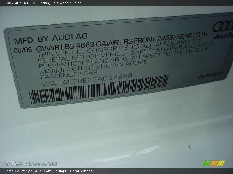 Ibis White / Beige 2007 Audi A4 2.0T Sedan