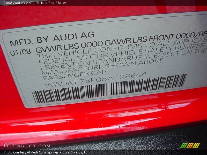 Brilliant Red / Beige 2008 Audi A3 2.0T