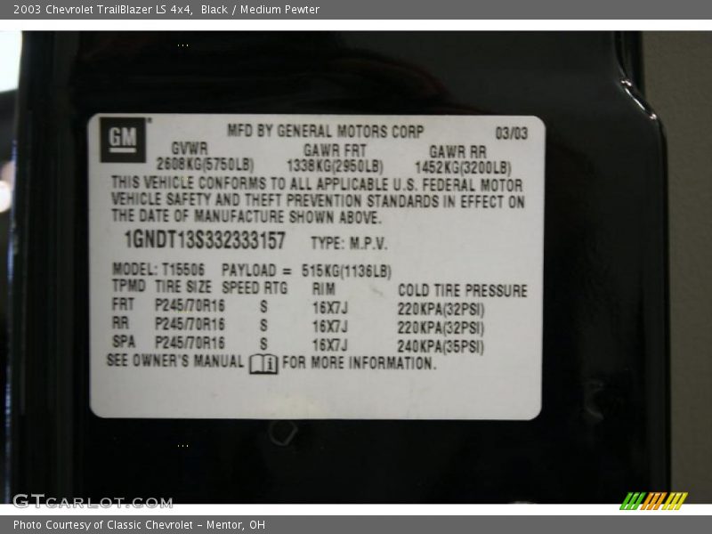 Black / Medium Pewter 2003 Chevrolet TrailBlazer LS 4x4