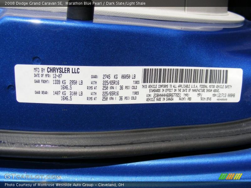 Marathon Blue Pearl / Dark Slate/Light Shale 2008 Dodge Grand Caravan SE