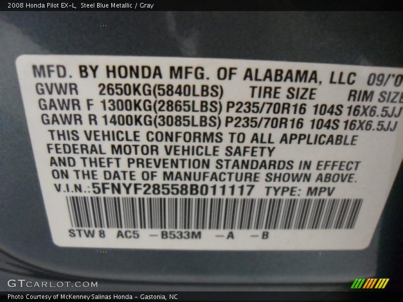 Steel Blue Metallic / Gray 2008 Honda Pilot EX-L