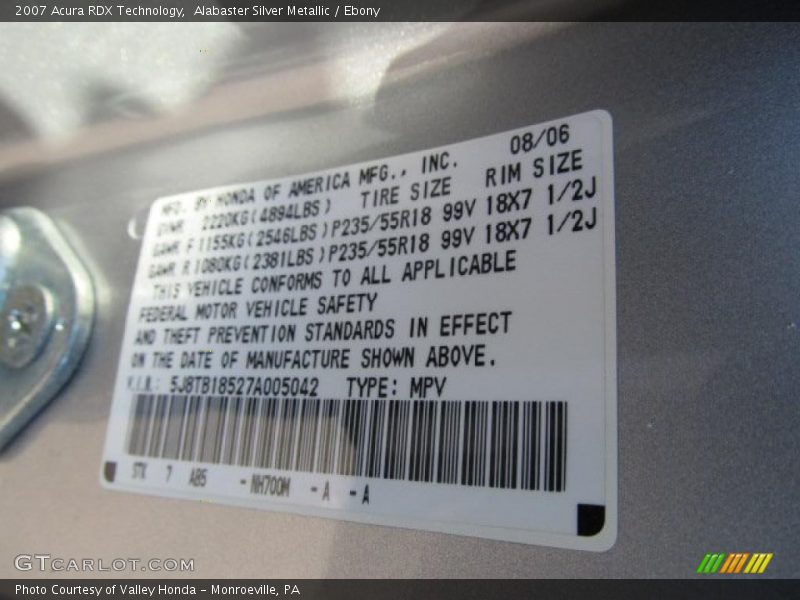 Alabaster Silver Metallic / Ebony 2007 Acura RDX Technology