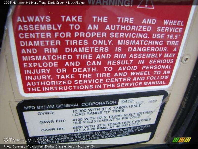 Info Tag of 1993 H1 Hard Top