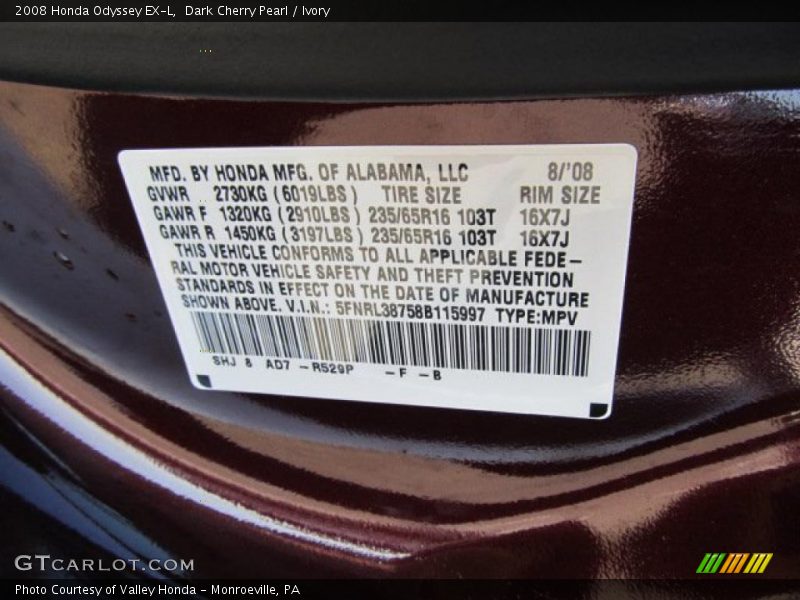 Dark Cherry Pearl / Ivory 2008 Honda Odyssey EX-L