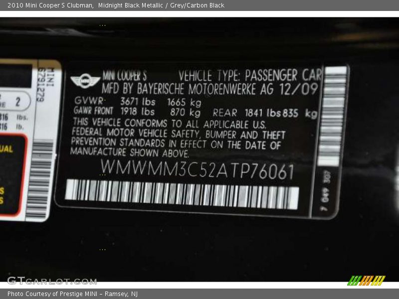 Midnight Black Metallic / Grey/Carbon Black 2010 Mini Cooper S Clubman