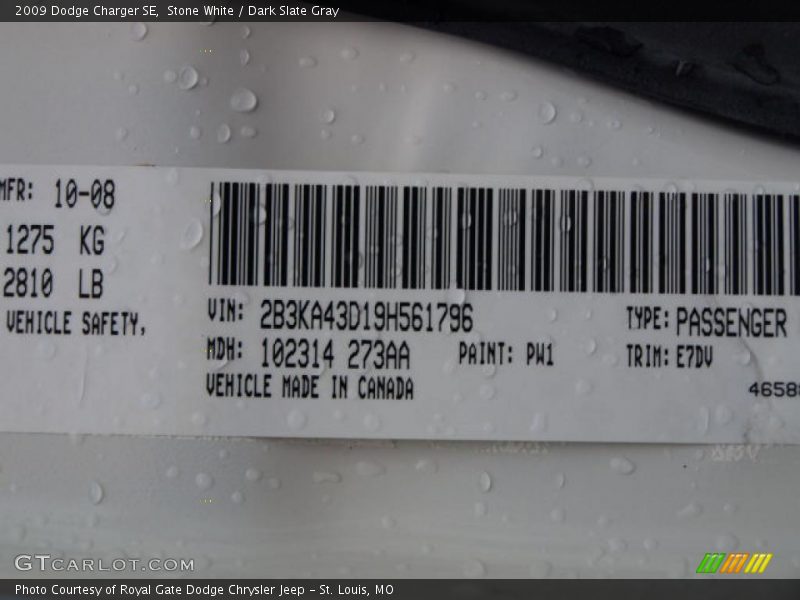 Stone White / Dark Slate Gray 2009 Dodge Charger SE