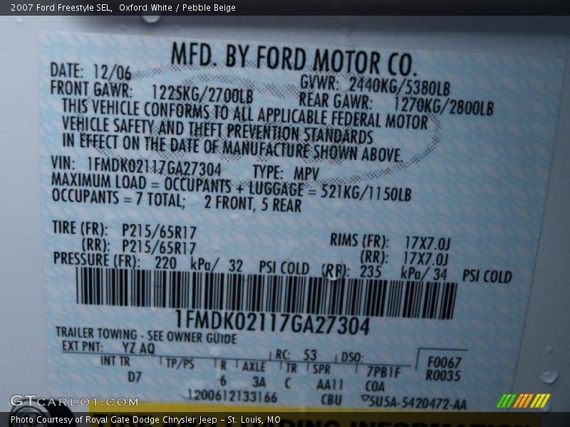 Oxford White / Pebble Beige 2007 Ford Freestyle SEL