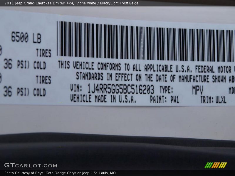 2011 Grand Cherokee Limited 4x4 Stone White Color Code PW1