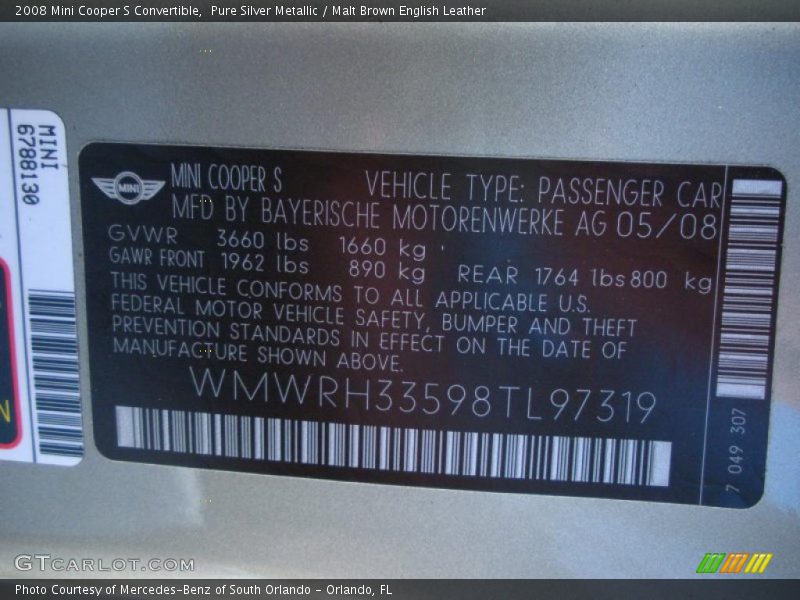 Pure Silver Metallic / Malt Brown English Leather 2008 Mini Cooper S Convertible
