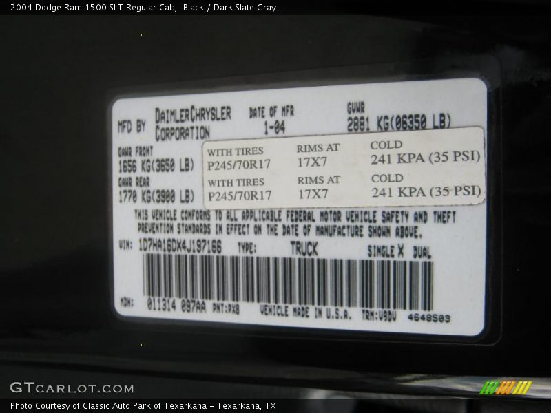 2004 Ram 1500 SLT Regular Cab Black Color Code PX8