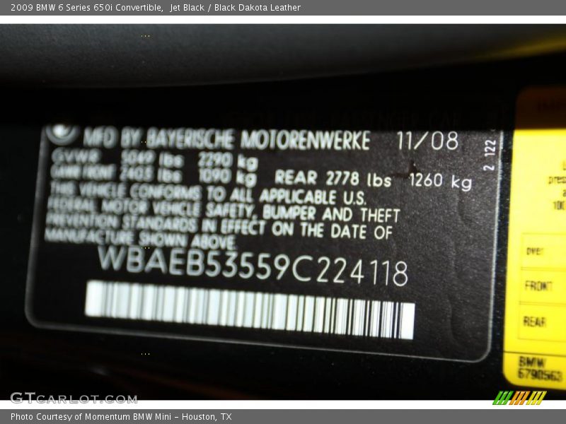 Jet Black / Black Dakota Leather 2009 BMW 6 Series 650i Convertible