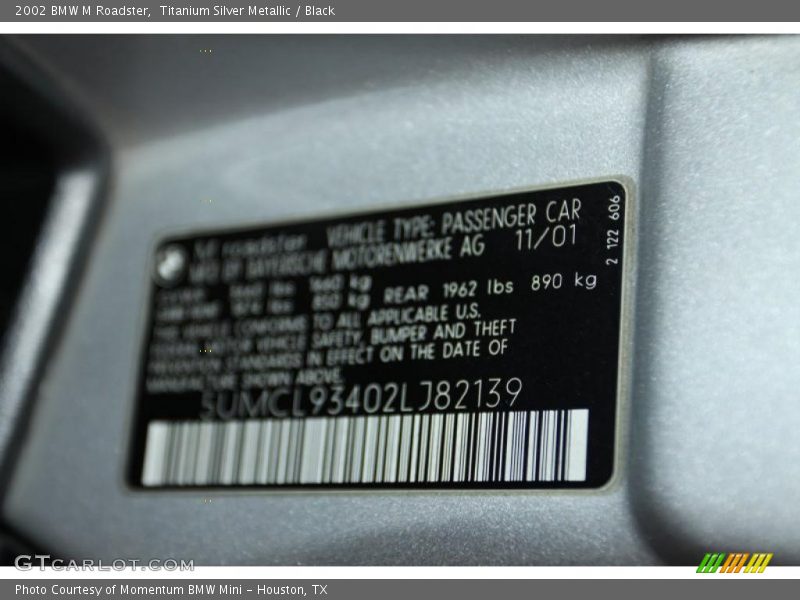 Titanium Silver Metallic / Black 2002 BMW M Roadster
