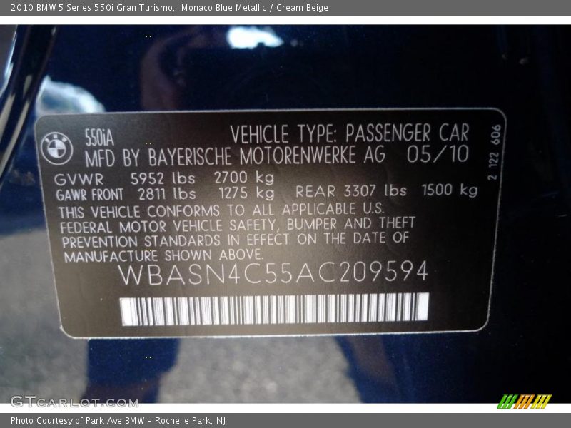 Info Tag of 2010 5 Series 550i Gran Turismo
