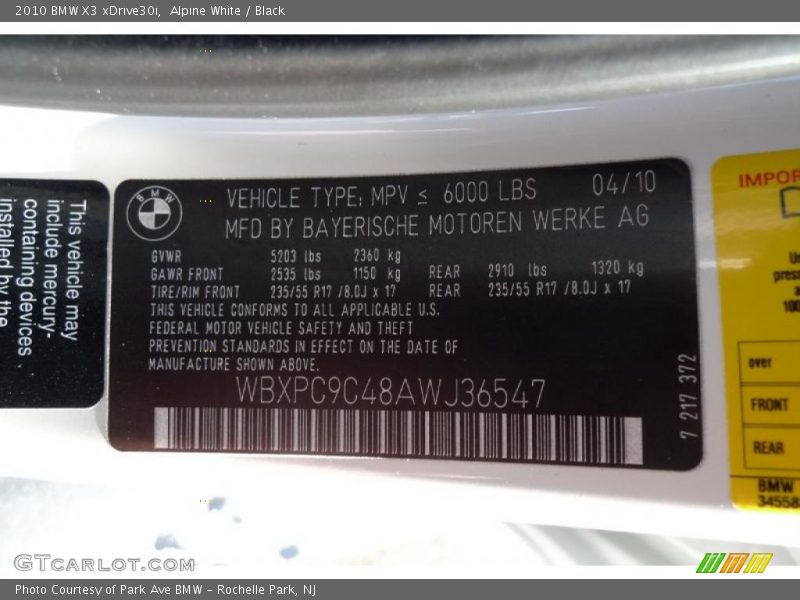 Alpine White / Black 2010 BMW X3 xDrive30i