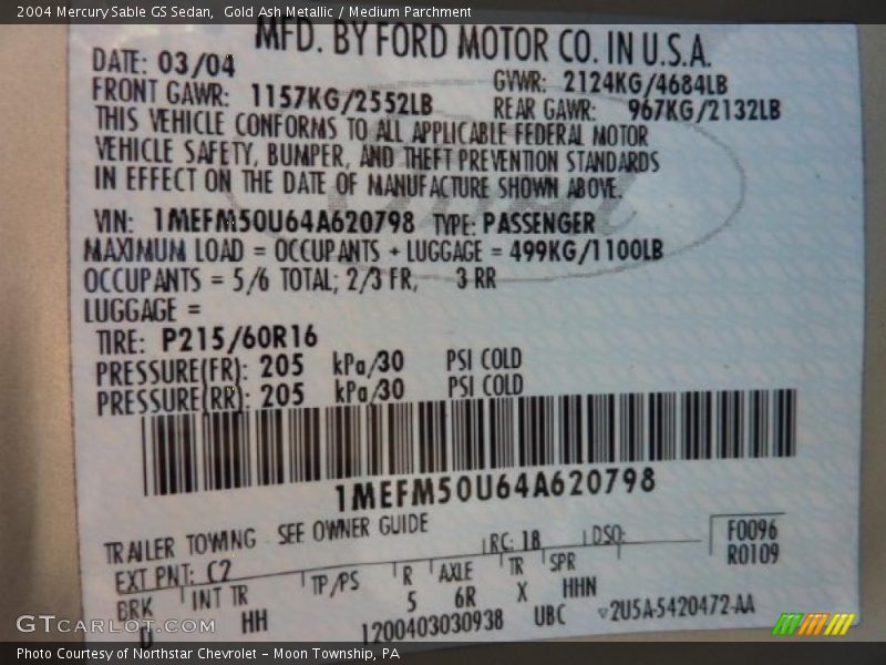 2004 Sable GS Sedan Gold Ash Metallic Color Code C2