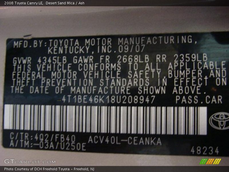 Desert Sand Mica / Ash 2008 Toyota Camry LE