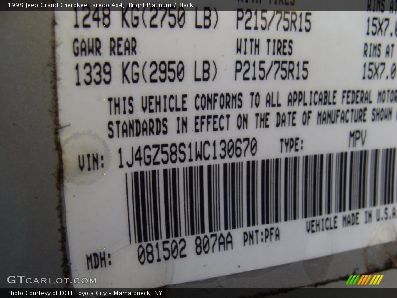 Bright Platinum / Black 1998 Jeep Grand Cherokee Laredo 4x4