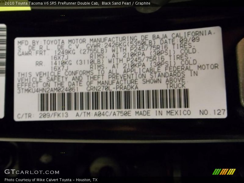 2010 Tacoma V6 SR5 PreRunner Double Cab Black Sand Pearl Color Code 209