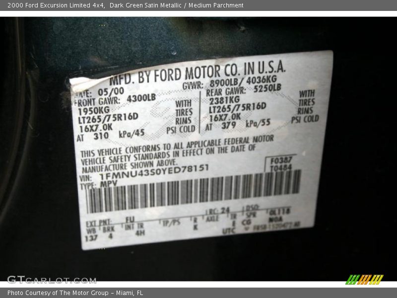 2000 Excursion Limited 4x4 Dark Green Satin Metallic Color Code FU