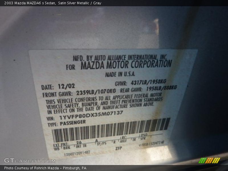 Satin Silver Metallic / Gray 2003 Mazda MAZDA6 s Sedan