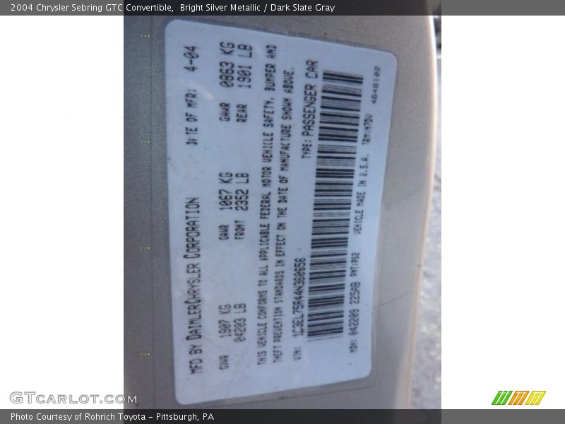 Bright Silver Metallic / Dark Slate Gray 2004 Chrysler Sebring GTC Convertible