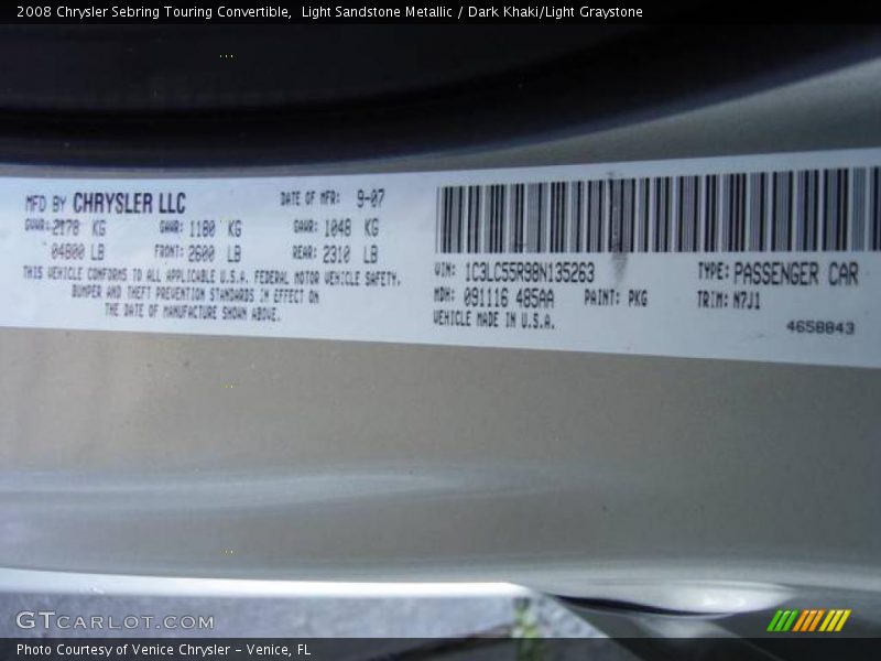 Light Sandstone Metallic / Dark Khaki/Light Graystone 2008 Chrysler Sebring Touring Convertible
