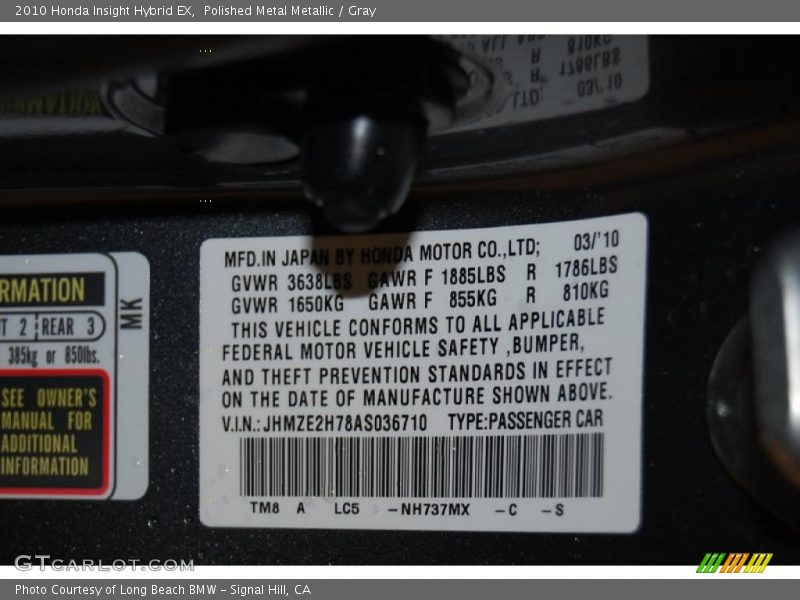 2010 Insight Hybrid EX Polished Metal Metallic Color Code NH737MX