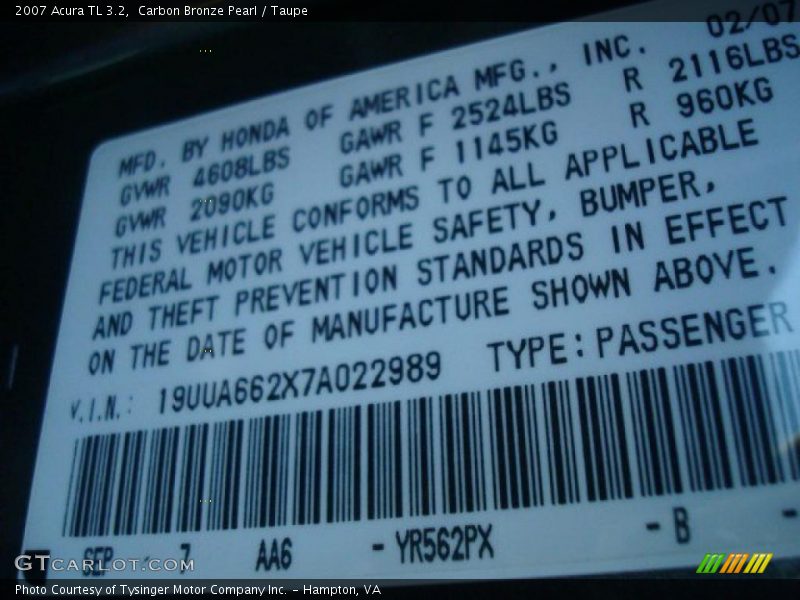 Carbon Bronze Pearl / Taupe 2007 Acura TL 3.2