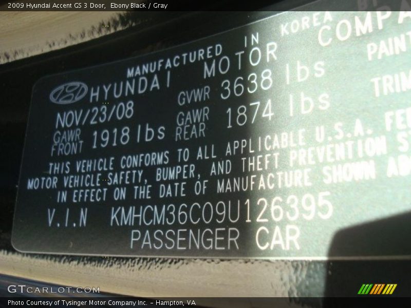 Ebony Black / Gray 2009 Hyundai Accent GS 3 Door