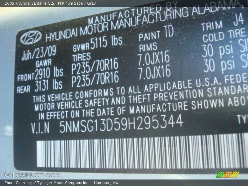 Platinum Sage / Gray 2009 Hyundai Santa Fe GLS