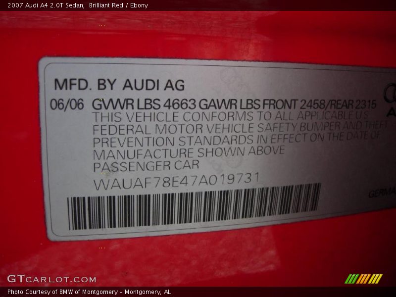 Brilliant Red / Ebony 2007 Audi A4 2.0T Sedan