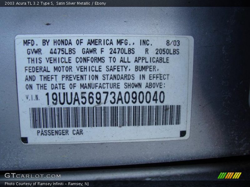 Info Tag of 2003 TL 3.2 Type S