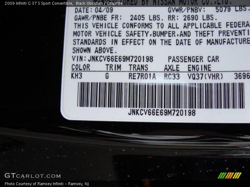 2009 G 37 S Sport Convertible Black Obsidian Color Code KH3