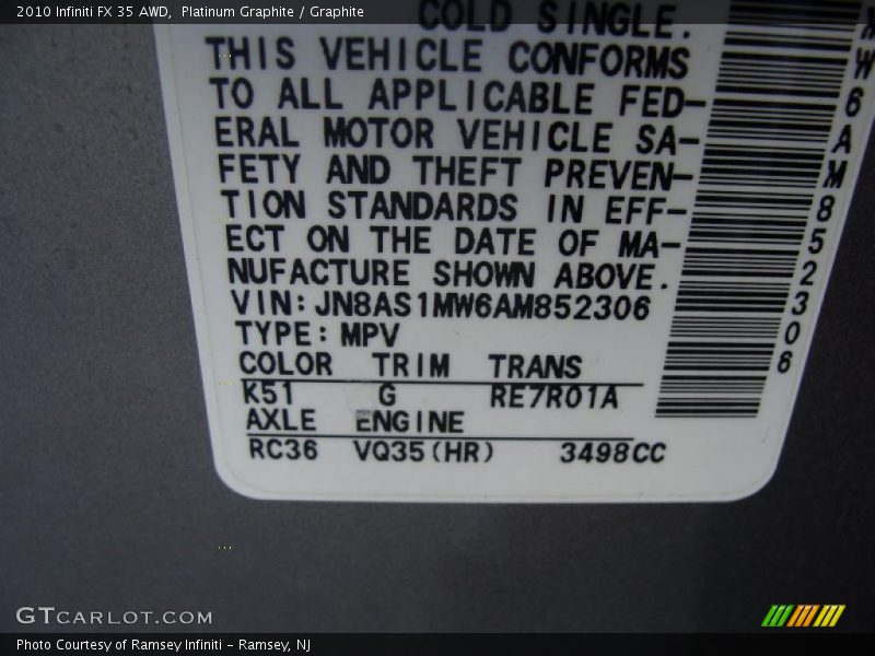 2010 FX 35 AWD Platinum Graphite Color Code K51
