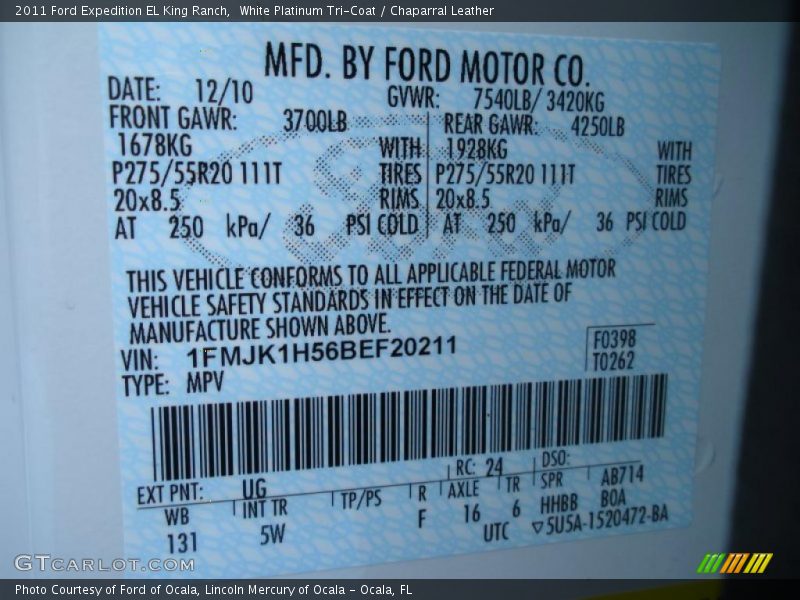 2011 Expedition EL King Ranch White Platinum Tri-Coat Color Code UG