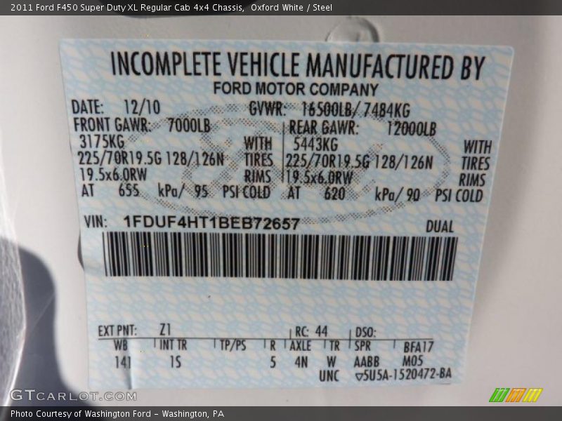 2011 F450 Super Duty XL Regular Cab 4x4 Chassis Oxford White Color Code Z1