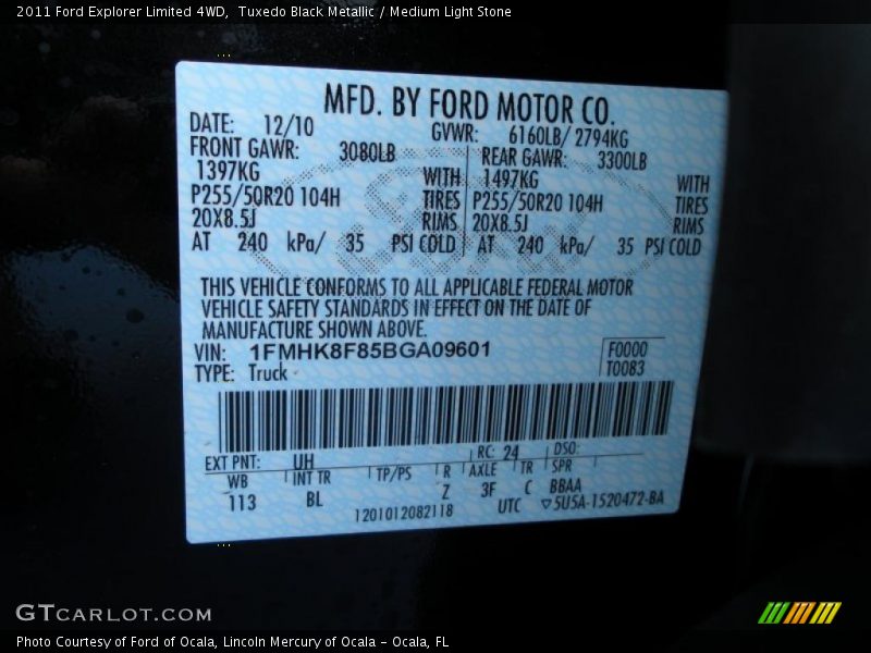 2011 Explorer Limited 4WD Tuxedo Black Metallic Color Code UH