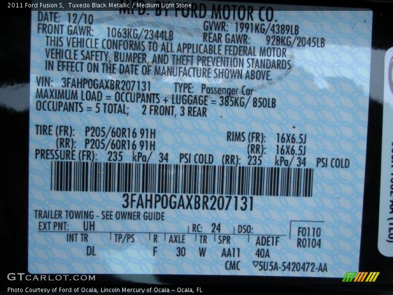 2011 Fusion S Tuxedo Black Metallic Color Code UH