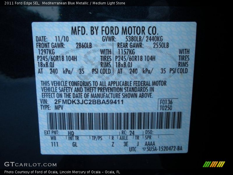 2011 Edge SEL Mediterranean Blue Metallic Color Code HQ
