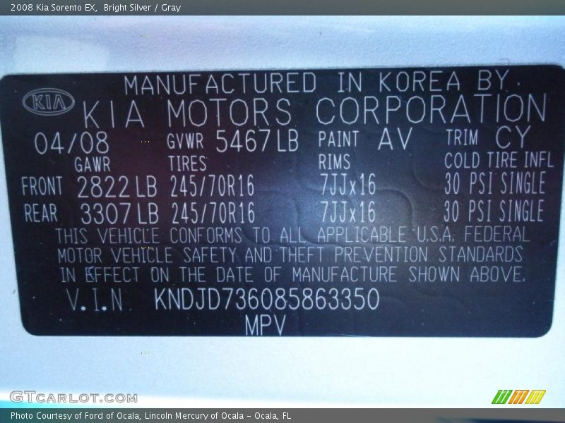 2008 Sorento EX Bright Silver Color Code AV