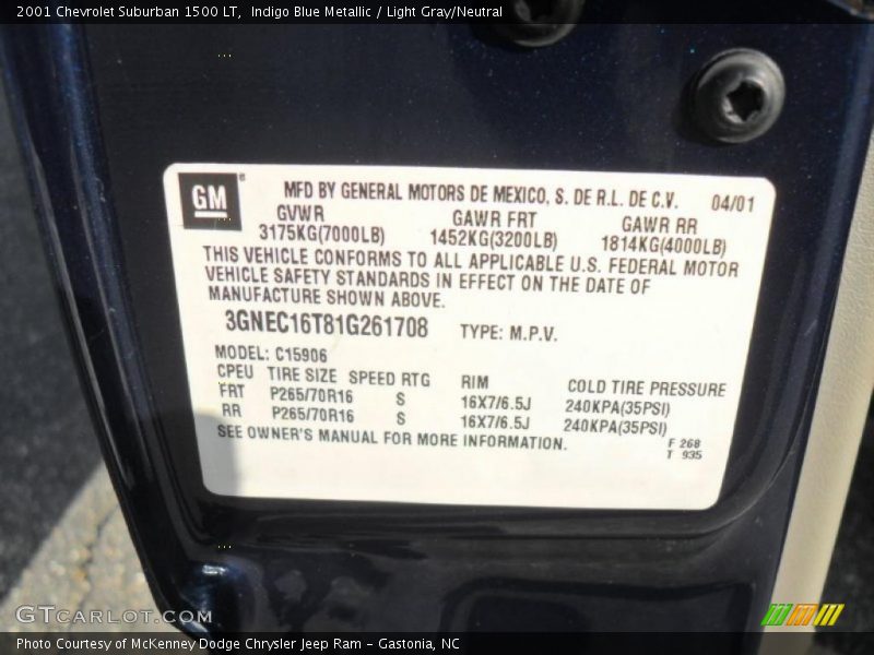 Indigo Blue Metallic / Light Gray/Neutral 2001 Chevrolet Suburban 1500 LT