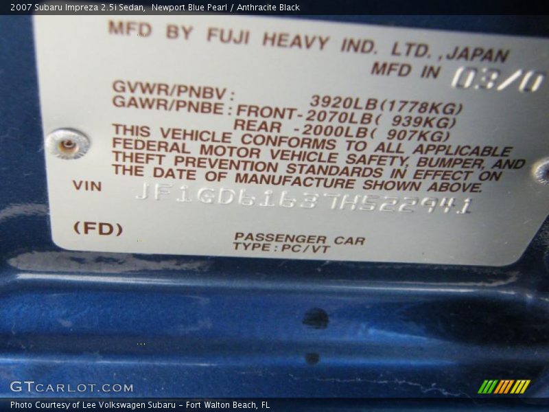 Newport Blue Pearl / Anthracite Black 2007 Subaru Impreza 2.5i Sedan