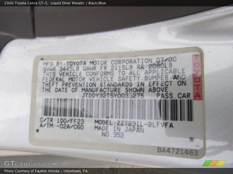 Liquid Silver Metallic / Black/Blue 2000 Toyota Celica GT-S