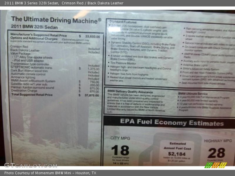  2011 3 Series 328i Sedan Window Sticker