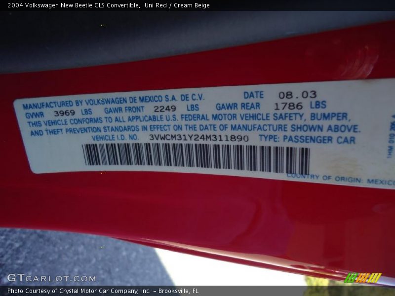 Info Tag of 2004 New Beetle GLS Convertible