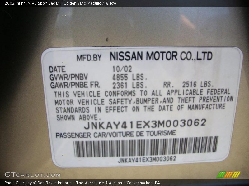 Info Tag of 2003 M 45 Sport Sedan