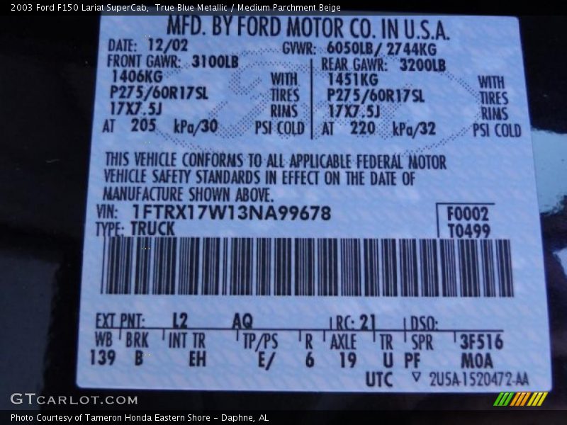 2003 F150 Lariat SuperCab True Blue Metallic Color Code L2
