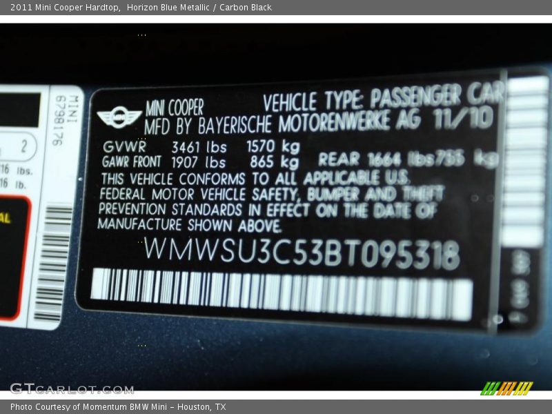 Horizon Blue Metallic / Carbon Black 2011 Mini Cooper Hardtop